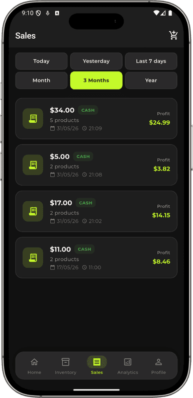 BazarMio sales history screen