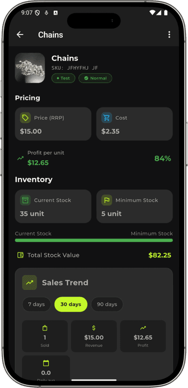 BazarMio stock control screen